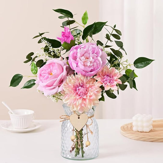 Livole Fake Flowers with Vase, Pink Real Touch Silk Artificial Flowers in Vase, Fake Plant Eucalyptus Flower Arrangement for Table Centerpieces, Table Decorations for Living Room, Coffee Table, Home