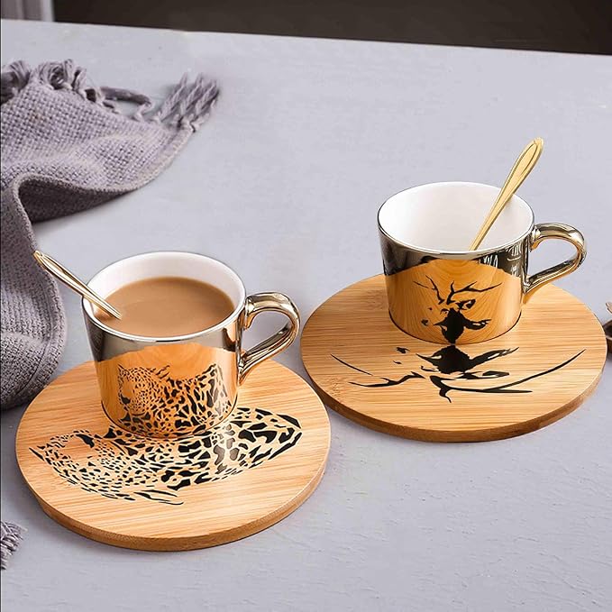 Mirror Cup and Saucer Set Cappuccino Cups Set of 2 Ceramic Gold Animal Espresso Cups with Saucers and Spoons 8 Ounce Tea Coffee Cup with Wood Saucer, Set of 2, Golden Best Gift