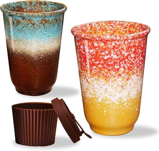 13oz Ceramic Travel Coffee Mug Set, 2pcs Stylish Ceramic Coffee Mug With Lid, Portable Coffee Cup For Hot Or Cold Drinks Microwave Dishwash Safe, for Mother's Day Birthday Gift