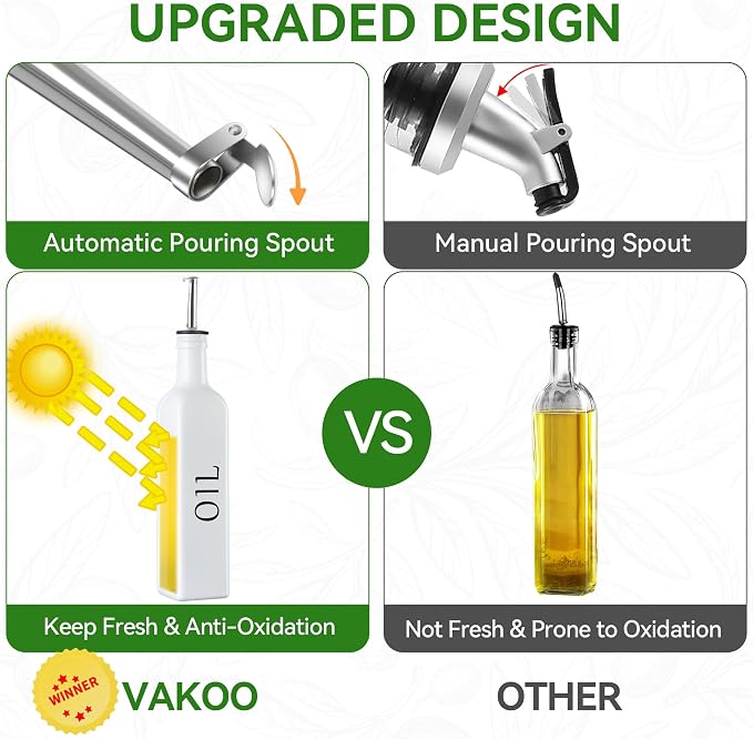 Vakoo Oil and Vinegar Dispenser Set - 17oz/500ml, Extra Thick Glass, Leak-Proof, Olive Oil Dispenser Bottle for Kitchen (White Black)