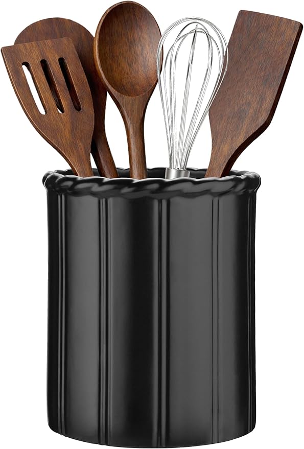 Ceramic Utensil Holder for Kitchen Counter, 6.3” Modern Kitchen Utensil Holder with Cork Bottom for Countertop, Cooking Tool Organizer for Spatula, Matte Black