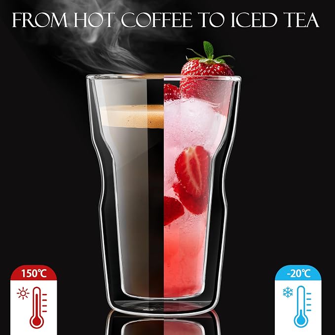 Joeyan Double Wall Glass Tumbler, 16.9oz Tall Insulated Drinking Highball Glasses, Clear Lager Borosilicate Glass Coffee Cups for Iced Coffee, Latte, Cocktails, Tea, Smoothie, Mixed Drinks, Set of 2