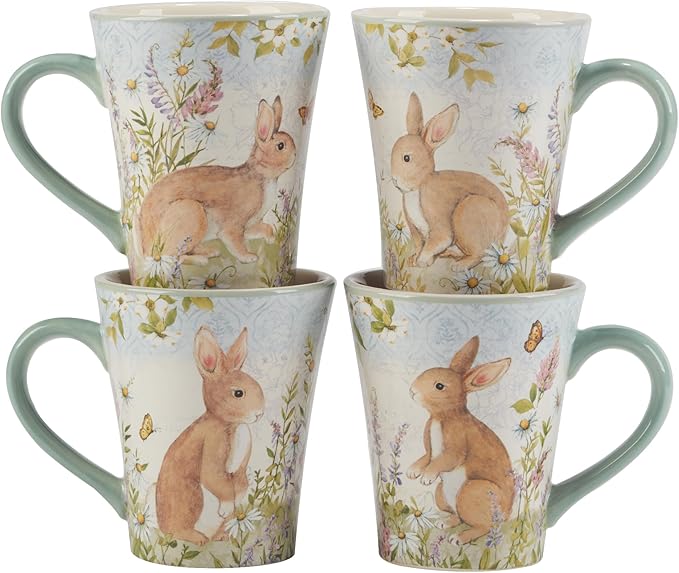 Easter Meadow 16 oz Ceramic Mugs,Set of 4 – Whimsical Bunny & Floral Design, Perfect for Easter Decor & Spring Tablescape – Perfect for coffee, tea, lattes, hot chocolate. Microwave & Dishwasher Safe