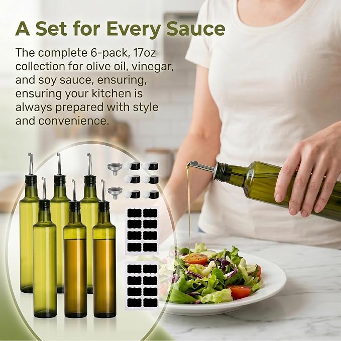 Frcctre 6 Pack 17 Oz Glass Olive Oil Dispenser Bottles, Oil and Vinegar Cruet Set With Stainless Steel Pourer Spouts, Olive Oils Carafe Decanter for Kitchen, Dark Green