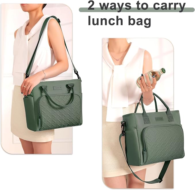 Insulated Lunch Bag for Men Women, Large Leakproof Cooler Bag with Removable Strap, Lunch Box, Reusable Adult Lunch Tote for Work, Picnic and Travel - Army Green