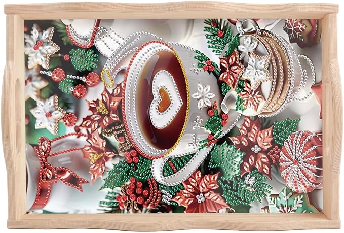 DIY Diamond Serving Tray Rectangular Breakfast Tray with Handle Handmade Diamond Art Painting Wooden Tray for Dinner Plate Coffee Room Living Home Organizer-Coffee