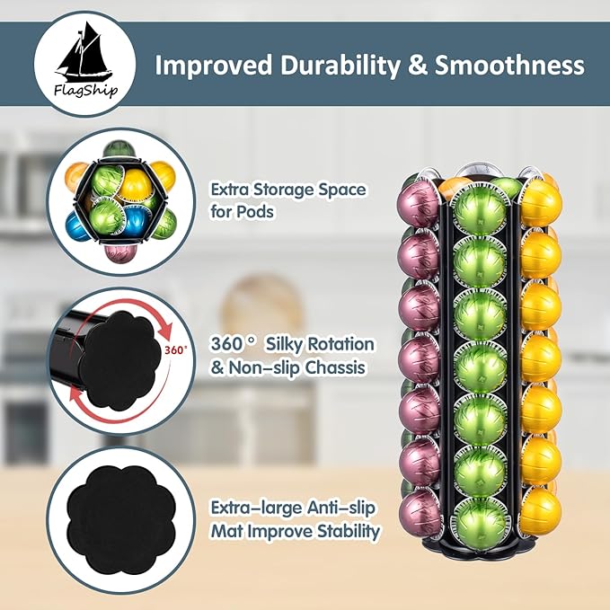 FlagShip for Nespresso Vertuo Pod Holder 360 Degrees Revolving Vertuo Pod Carousel Extra Storage Space,Coffee Pod Stand Black Metal(56+ Pods Capacity)
