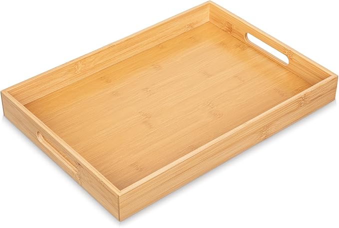 Briful Bamboo Decorative Tray with Handles - 16 x 12 Inch Rectangle Serving Tray for Coffee Table Decor Farmhouse Kitchen Counter Organizer & Bathroom Vanity Tray
