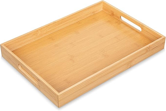 Briful Bamboo Decorative Tray with Handles - 16 x 12 Inch Rectangle Serving Tray for Coffee Table Decor Farmhouse Kitchen Counter Organizer & Bathroom Vanity Tray