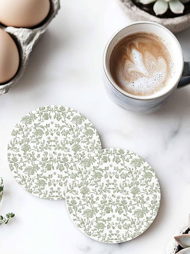 Drink Coasters Sage Green Pastoral Flower Absorbent Stone Ceramic Coaster with Cork Back and NO Holder for Cups, Set of 4-Piece Farmhouse Coasters for Drinks