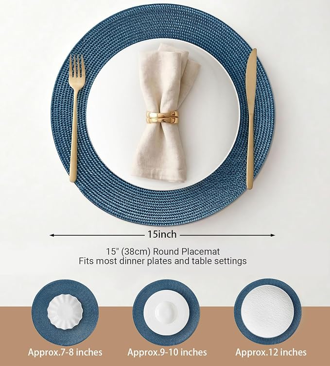FunWheat Round Braided Placemats Set of 8 Place Mats for Dining Table Woven Washable Non-Slip Table Mats 15 Inch(Blue,8pcs)