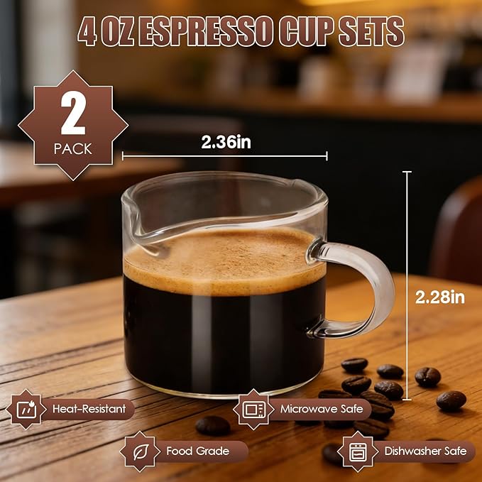 Adorever Espresso Cups Set of 2, 4oz Double Spout Shot Glasses with Handle - Clear Glass Milk Cup for Espresso, Latte Art & Cappuccino - Barista Tools & Home Coffee Machine
