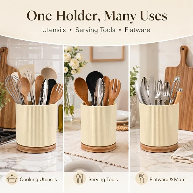 QUELIEN Utensil Holder, 360° Rotating Ceramic Kitchen Utensil Holder for Countertop, 7.7" Utensil Crock for Kitchen Counter with Rotatable Wooden Base,Ideal Housewarming Gift & Mothers Day Gift