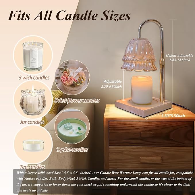 Glass Flower Lampshape Candle Warmer Lamp with Adjustable Height, Wax Burner Lamp with Timer and Dimmer, Wooden Base Candle Warmer, Women's Gifts (Amber)