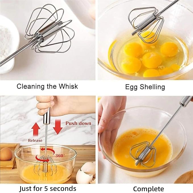 12 Inch Stainless Steel Egg Whisk - Hand Push Rotary Whisk Blender - Versatile Milk Frother, Hand Push Mixer Stirrer for Beating & Stirring, Whisking, Blending