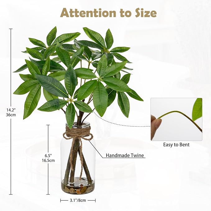 Faux Greenery Stems in Vase Aritificial Money Tree Plant in Glass Vase with Faux Water & Stones 14.2" Small Potted Plants Arrangement Centerpieces for Farmhouse Kitchen Dinner Tables Greenery Decor