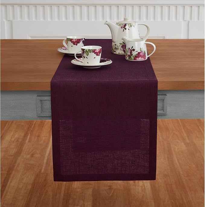 Solino Home Linen Chambray Burgundy Table Runner 120 Inches Long - Athena, 100% Pure Linen 14 x 120 Inch Table Runner