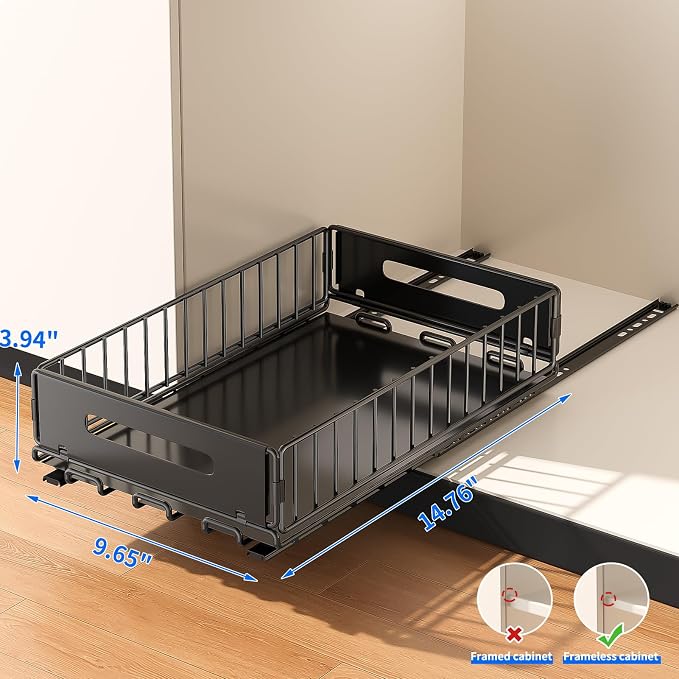 PureBox Pull Out Cabinet Organizer, Slide Out drawers for cabinets, Heavy Duty Carbon Steel Roll Out Shelves for kitchen, bathroom, pantry (14.7’’-23.1’’ Slide, Adhesive & Screw), 1 Pack, Black