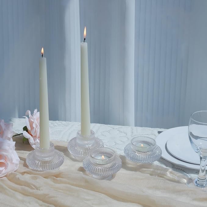 VOHO Vintage Candlestick Holders Set of 6, Dual Sided Candle Sticks Holder Decor for Taper Candles/Tea Lights Candles, Ribbed Candle Holder for Dining Table Centerpiece, Wedding/Christmas Decor(Clear)