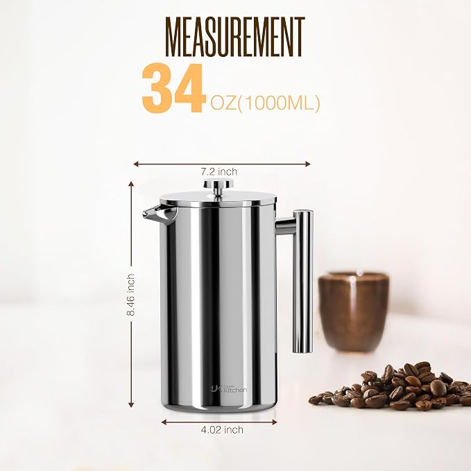 Utopia Kitchen 304 Grade Stainless Steel French Press 34 Oz, Silver | Double Wall Insulated Coffee Press with 4-Level Filtration System, Include 2 Extra Filters, Rust-Free, Dishwasher Safe