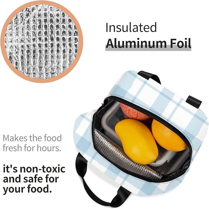 Lunch Bag Plaid Blue Check Insulated Lunch Box Cooler Tote for Adults Kid Girl Women Work Office School Picnic Beach Reusable Lunchbox Over 3 Years Old
