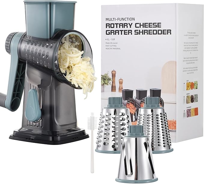 Rotary Cheese Grater, 3-in-1 Shredder for Cheese Vegetables Nuts with Hand Crank - Interchangeable Stainless Steel Blades, Strong Suction Base, Finger-Safe Design, BPA Free, Blue