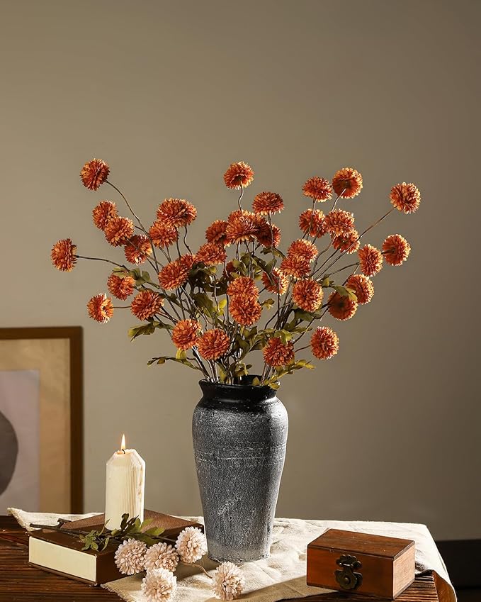 DuHouse 6pcs Artificial Flowers Faux Silk Pompon Mum,Silk Small Mini Chrysanthemum Ball with Stems for DIY Wedding Bouquets Centerpieces Vase Home Table Kitchen Decorations(Burnt Orange)
