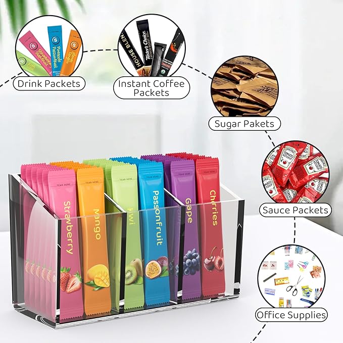 Drink Packet Organizer, Magnetic Water Packet Organizer for Fridge, Premium Acrylic Drink Mix Holder Container with 3 Compartments for Kitchen Organizers and Storage