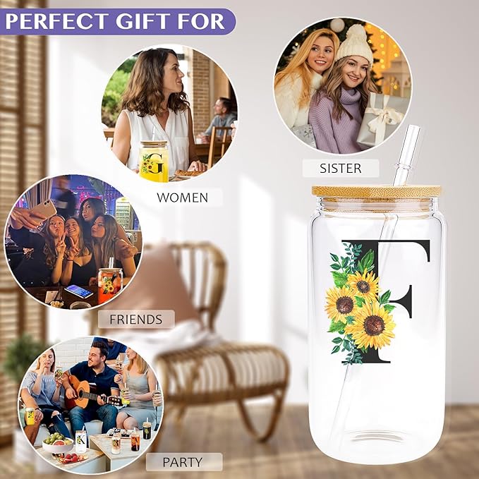 Initial Glass Cups Sunflower with Bamboo Lids and Straws,16oz Iced Coffee Mug Tumbler,Monogrammed Birthday Gifts Mother's Day Sunflower Gifts for Women,Mom,Friend,Sister