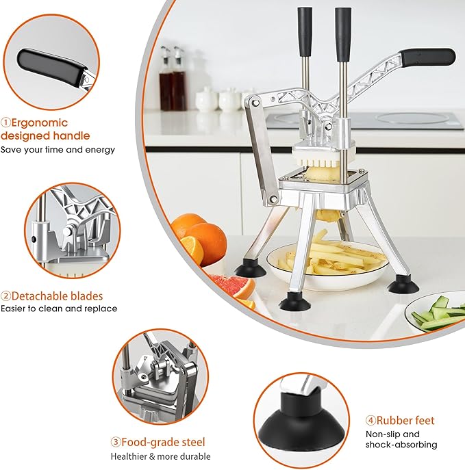 Commercial Vegetable Chopper Potato Dicer & Fruit Slicer, Stainless Steel French Fry Cutter with 3 Replacement Blades(1/2 Inch, 3/8 Inch and 1/4 Inch Blades) for Restaurants & Home Kitchen