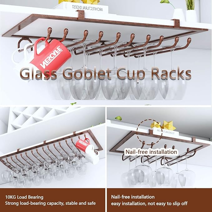 Glass Stemware Wine Rack, Hanging Wine Storage Holder for Under Cabinet Kitchen Bar Display Shelf with Glass Cup Champagne Organizer (Size : Brown)
