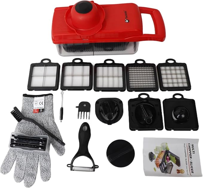 26-in-1 Vegetable Chopper and Slicer Set, Red, Multifunctional Food Chopper with Container, 13 Interchangeable Blades, Safety Glove, Kitchen Mandoline Slicer (RED)