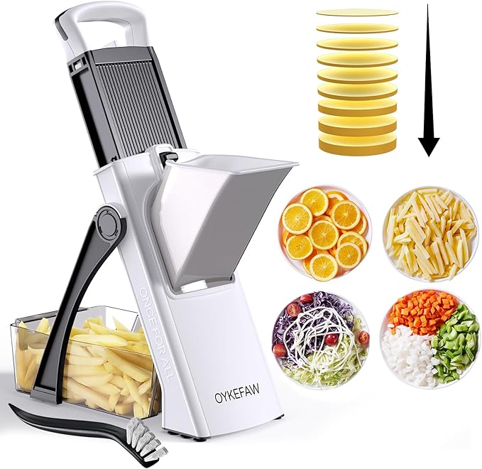 Safe Mandoline Slicer for Kitchen, 6 in 1 Vegetable Chopper, French Fry Cutter For Potatoes, Potato Slicer,Food Chopper,Adjustable Thickness 0.1-8 mm, With Peeler/Cleaning Brush (Black)