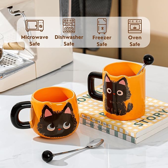 Cute Ceramic Cat Mug with Spoon, 12.8 oz - Kawaii Black Cat Themed Gift for Cat Lovers, Women and Men - Perfect for Coffee, Tea, Milk, and More (Microwave Safe)