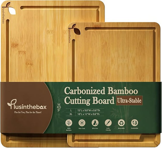 Cutting Boards for Kitchen,Bamboo Cutting Board Set of 2, Large and X-Large Carbonized Chopping Boards with Deep Juice Grooves and Handles for Meat, Bread, Dough Kneading and Cheese