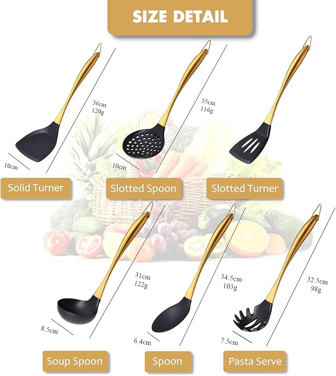 9Pcs Kitchen Utensil Set with Stainless Steel Handle (Gold)