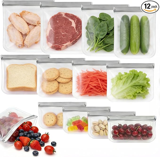 12 Pack Silicone Bags for Food Storage,Reusable Silicone Food Storage Bags,Freezer, Microwave & Dishwasher Safe,Reusable Freezer Food Bags, Leakproof-4 Gallon 4 Snack 4 Sandwich Bags,Grey