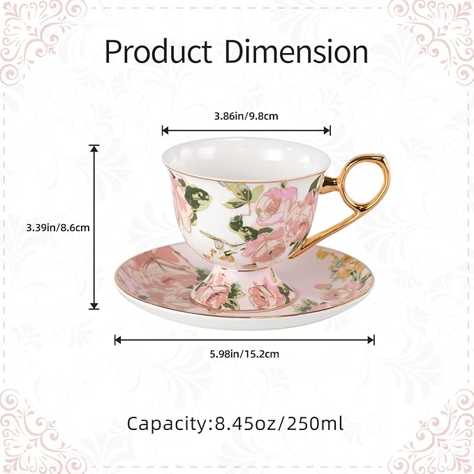 KAMMAK Tea Cups and Saucers Set of 2, Fine Bone China Coffee Cups, Stackable Espresso Mugs, Ceramic Demitasse for Coffee, Cappuccino, Latte, Americano, Tea, Wild Rose