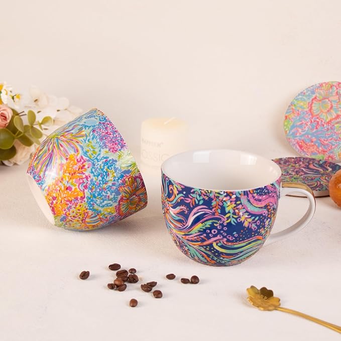 KAMMAK Coffee Mugs Ceramic Tea Cups Set of 2, 15 oz Porcelain Espresso Cups with Coaster Large Novelty Mugs with Handle for Cappuccino, Latte, Americano, Breakfast Cereal, Hot Cocoa (Purple + Ocean)
