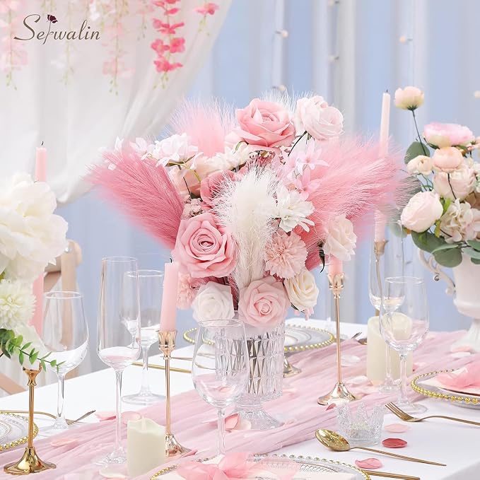 Serwalin 60 Pcs Pampas Grass, 17.7" Pink Pampas Grass Decor, Faux Pampas Grass Home Decoration Wall Decor Vase Filler for Wedding Centerpieces Party Decorations, Pink Valentines Decor