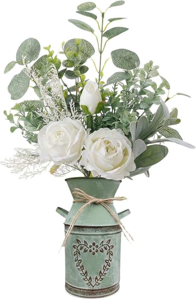 Faux Flowers in Vase 17.5" H Artificial Silk Roses Flower Fake Plants Eucalyptus Arrangement in Metal Vase Faux Silk Floral for Dining Table Centerpieces Home Office Decoration (White/Green Vase)
