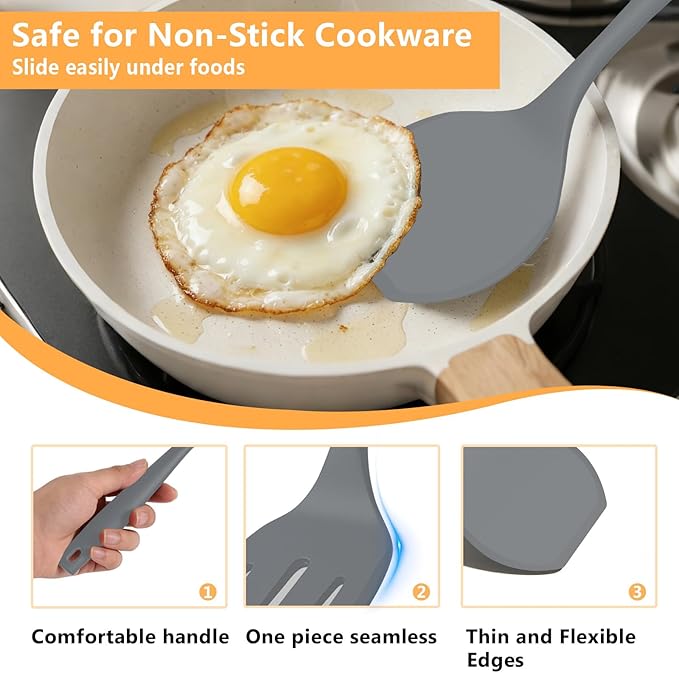 Silicone Spatula Turner Set, 600°F High Heat Resistant Spatulas for Cooking, BPA Free, Large Flexible Kitchen Utensils Flipping Eggs, Pancakes, Fish, Burgers, Dishwasher Safe (4 Pack, Gray)