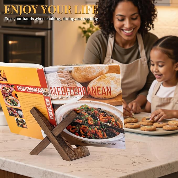 PUERSI Cookbook Stand for Kitchen, Recipe Book Holder for Kitchen Counter, Wooden Cookbook Holder, Rustic Cook Book Holder Stand - Rustic Brown - 1 Set