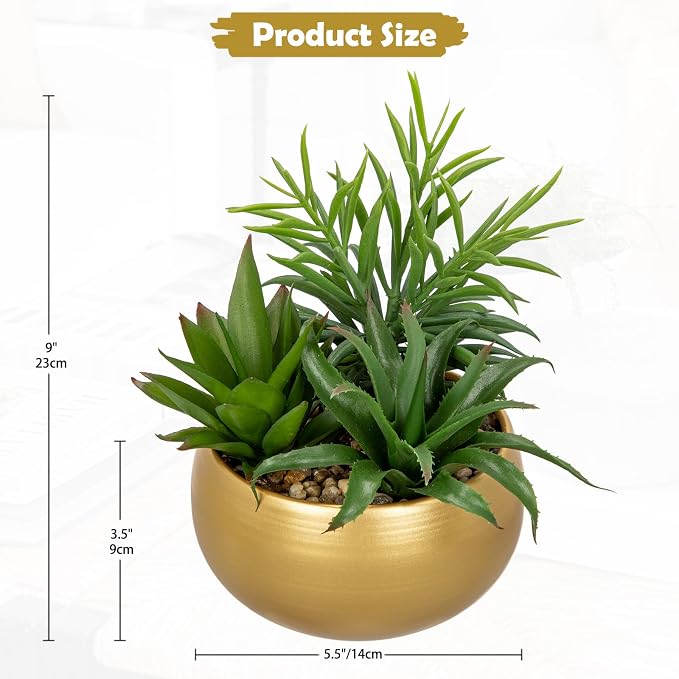 Briful Fake Succulents in Gold Metal Pot, Artificial Succulent Plants Arrangement for Home Decor, Small Faux Potted Plants Tabletop Centerpiece, Desk Office Bathroom Shelf Decorations