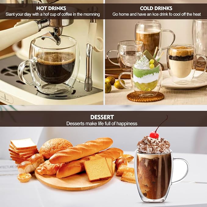4 Pack 12oz Double Walled Glass Coffee Mugs with Bamboo Lid/Spoon, Clear Coffee Cups and Mugs Set of 4, Cappuccino Latte Glasses Cups, Espresso Mug Cups for Latte, Hot/Cold Drink