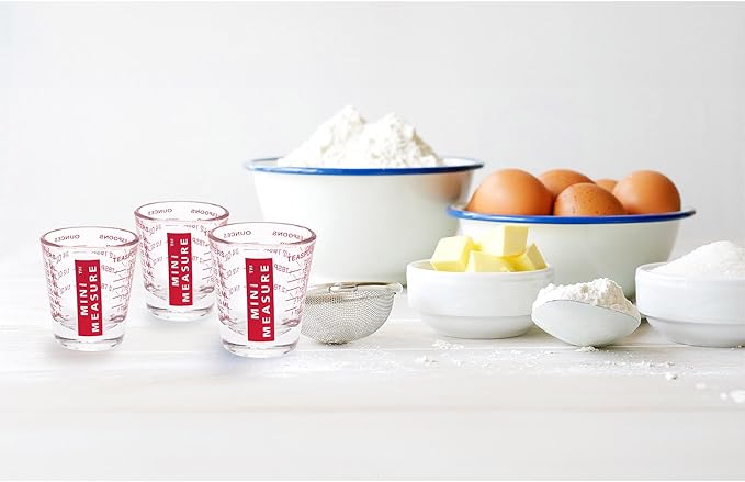 Kolder Mini Measure Multi-Purpose Shot Glass, Heavyweight Glass, Red, Set of 3, For Liquid And Dry Ingredients And Precise Recipe Prep