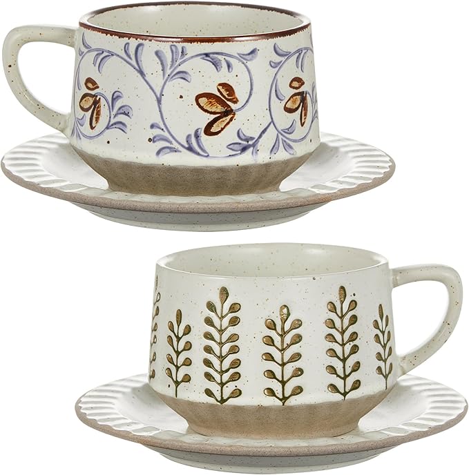 LemonRoad Vintage Tea Cup and Saucer Set of 2, 10oz Porcelain Coffee Mugs with Saucer for Latte Mocha Cappuccino Ceramic Teacups for Housewarming Wedding Gifts Kitchen Table Decor