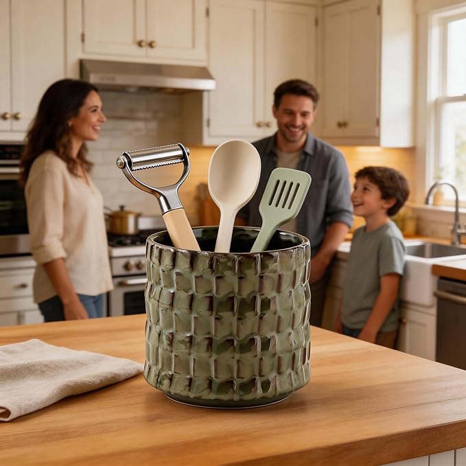 Utensil Crock Kitchen Utensil Holder, 5 Inches Small Ceramic Utensil Holder for Countertop, Unique Embossed Checkered Pattern, Cooking Utensil Crocks for Kitchen, Home Decor Gift (Sage Bronze)