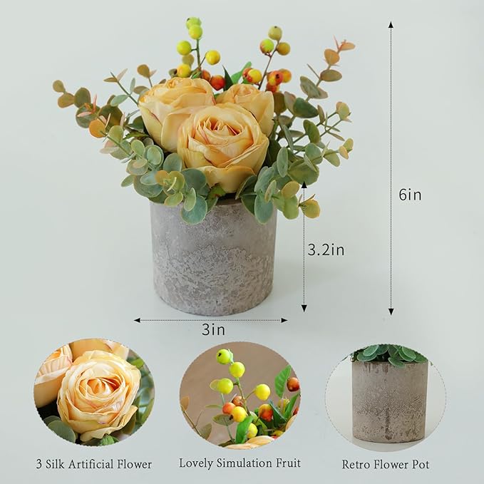 Small Artificial Burnt Yellow Rose Potted Plant, 6" Fake Silk Flowers in 3" Cylindrical Pot, Mini Faux Floral Arrangement for Desk Shelf Bathroom Decor