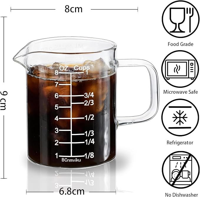 BCnmviku Glass Measuring Cup with Handle, 8OZ/250ML/1 CUP High Borosilicate Heat Resistant Glass Measuring Cup with Clear Markings (oz, Cup, ml) & Pour Spout, Microwave Safe